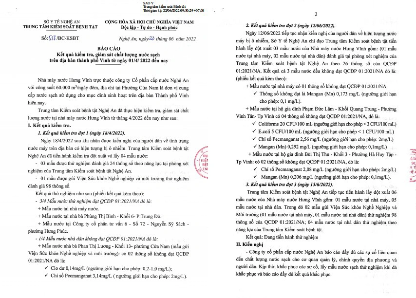 Báo cáo kết quả kiểm tra, giám sát chất lượng nước sạch tại TP. Vinh (Nghệ An)