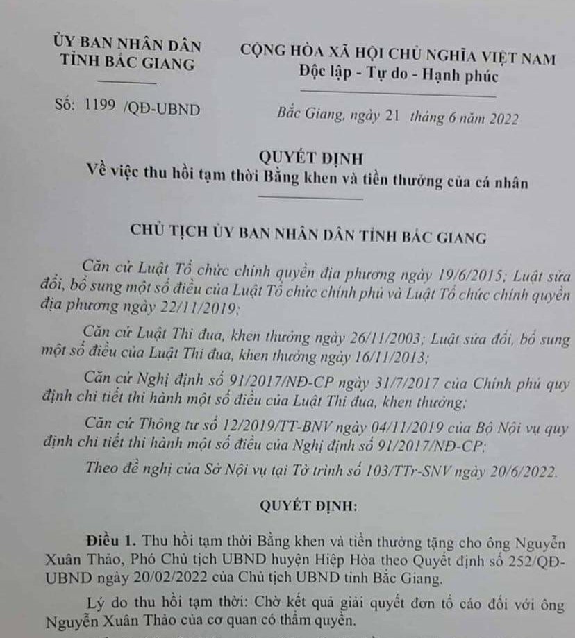 Quyết định thu hồi tạm thời Bằng khen và tiền thưởng tặng cho ông Nguyễn Xuân Thảo - Phó Chủ tịch UBND huyện Hiệp Hòa