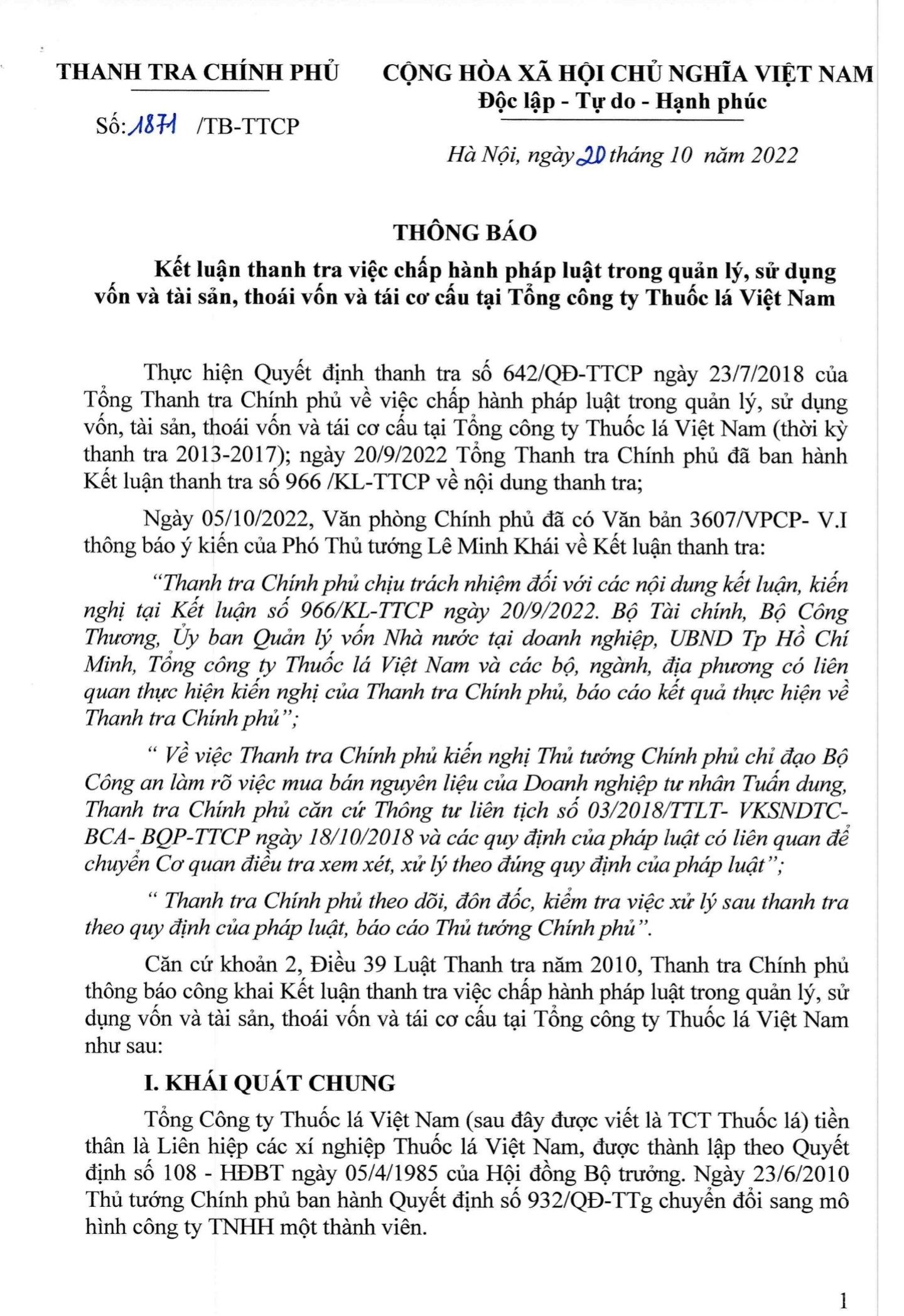 Kết luận của Thanh tra Chính phủ về một số sai phạm của Tổng Công ty thuốc lá Việt Nam (vinataba)