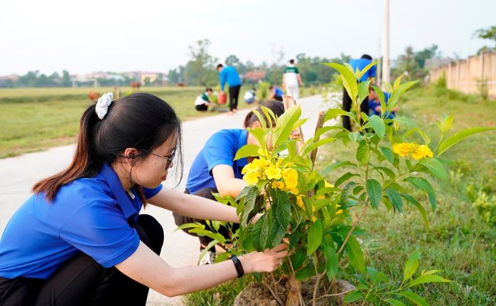 Đoàn viên thanh niên xã Thủy Phù chăm sóc tuyến đường hoa.