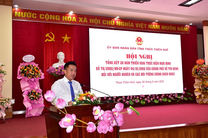 Ông Huỳnh Văn Thuận, Phó Tổng Giám đốc Ngân hàng Chính sách xã hội Việt Nam phát biểu tại hội nghị.