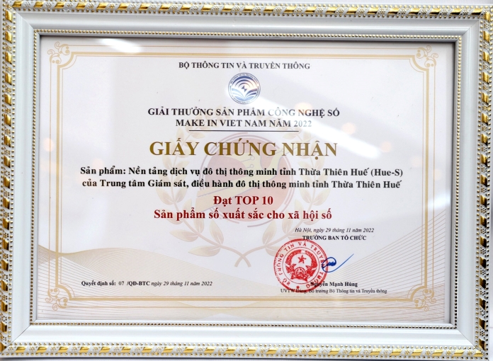 Nền tảng Hue-S tỉnh Thừa Thiên Huế đạt Giải thưởng Sản phẩm Công nghệ số Make in Viet Nam năm 2022