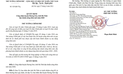 Hà Tĩnh: Thủ tướng Chính phủ Quyết định công nhận Hương Sơn đạt chuẩn nông thôn mới năm 2020