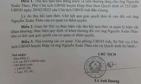 Bắc Giang: Vì sao tạm thời thu hồi Bằng khen của ông Nguyễn Xuân Thảo - Phó Chủ tịch UBND huyện Hiệp Hòa?