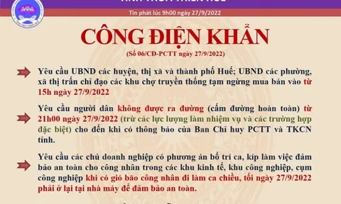 Thừa Thiên Huế: Yêu cầu người dân không ra đường từ 21h đêm nay để đảm bảo công tác ứng phó với bão Noru