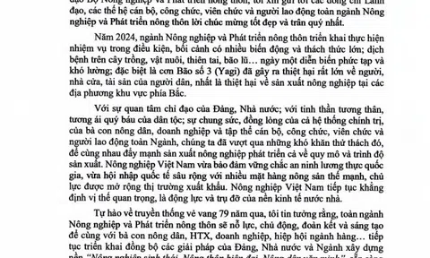 Bộ trưởng Lê Minh Hoan gửi thư chúc mừng nhân kỷ niệm 79 năm Ngày truyền thống ngành Nông nghiệp và Phát triển nông thôn Việt Nam (14/11/1945 - 14/11/2024)