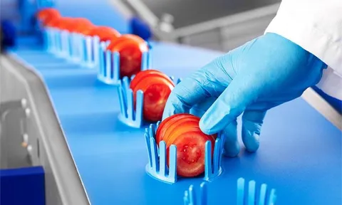 Cắt lát cà chua với băng chuyền dạng cốc của Sormac