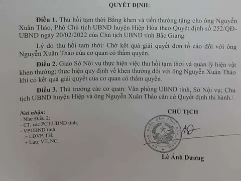 Bắc Giang: Vì sao tạm thời thu hồi Bằng khen của ông Nguyễn Xuân Thảo - Phó Chủ tịch UBND huyện Hiệp Hòa?