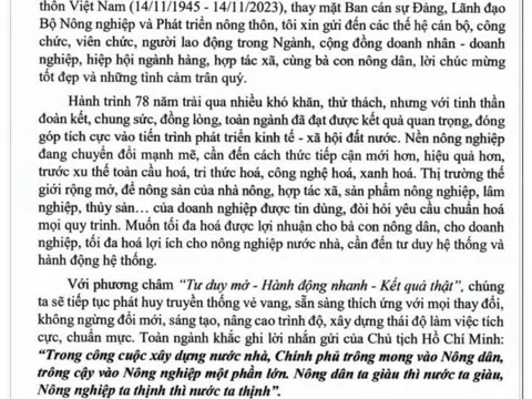 Thư chúc mừng của Bộ trưởng Bộ NN&PTNT Lê Minh Hoan nhân kỷ niệm 78 năm Ngày truyền thống ngành Nông nghiệp và PTNT Việt Nam